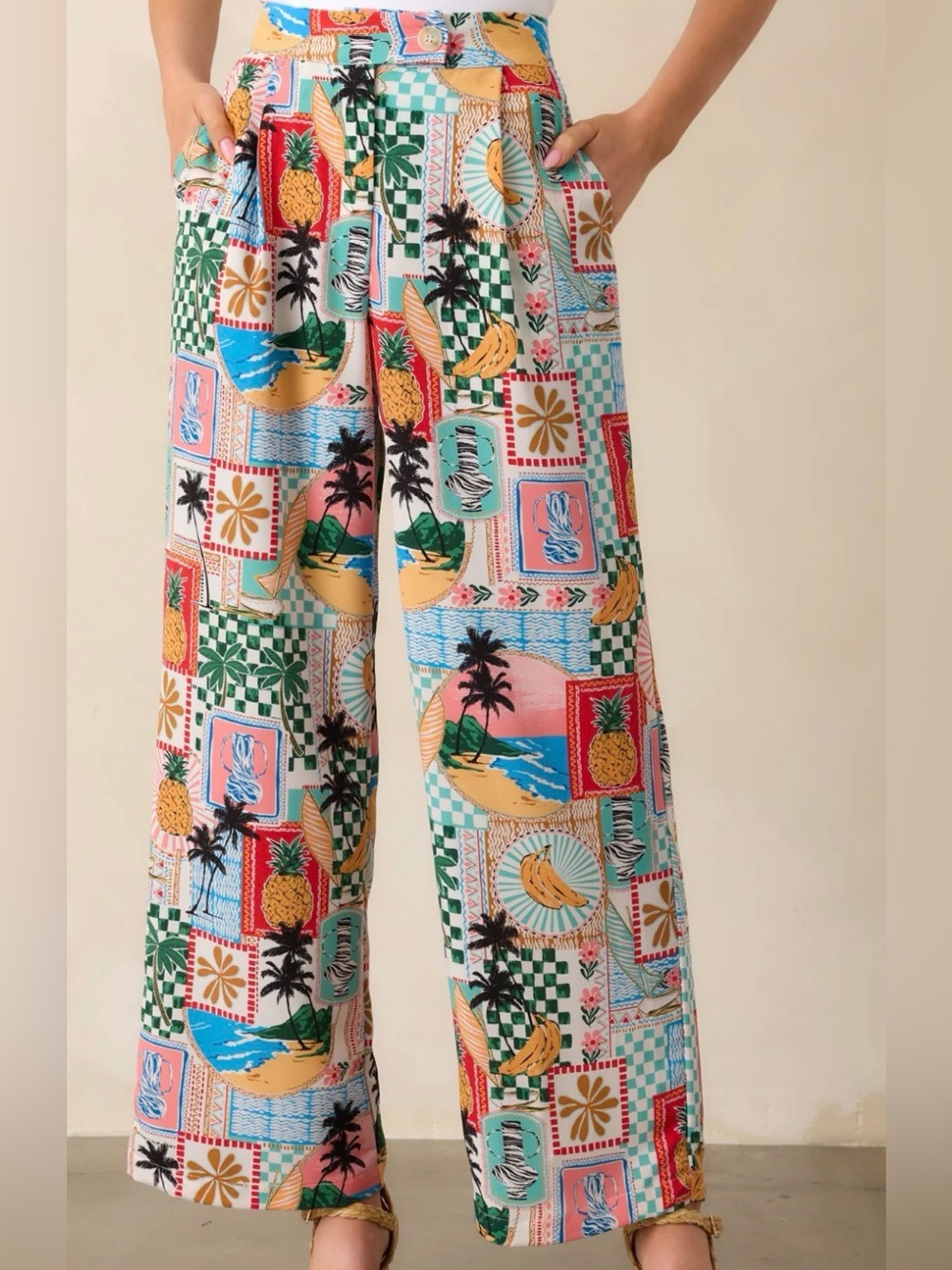 Skies Are Blue Tropical Print Wide Trouser - Green, Blue, Yellow, Black